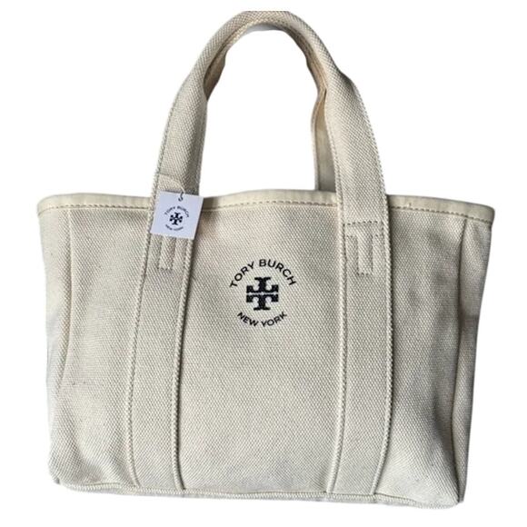 NWT TORY BURCH Small Mini Mercer Canvas Tote Bag in Neutral Cream - Picture 4 of 11